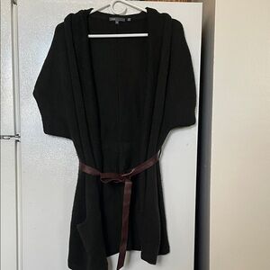 Vince Dark Green Med Wool Lama Short Sleeve Cardigan‎ Brown Faux Leather Belt